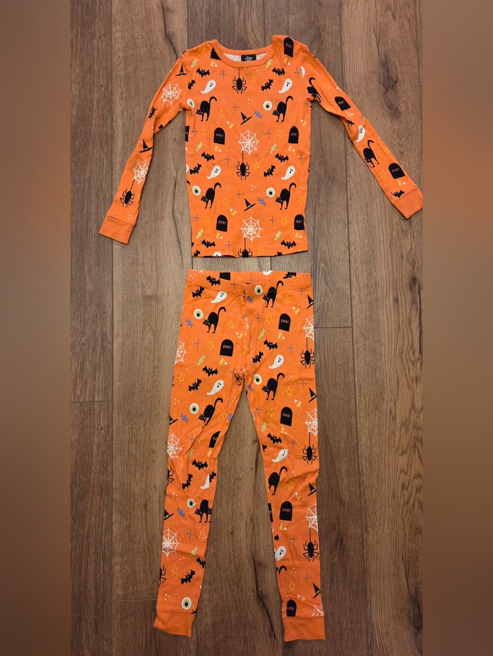 Kids Halloween Orange Two-Piece Pajama Set with Spooky Print
